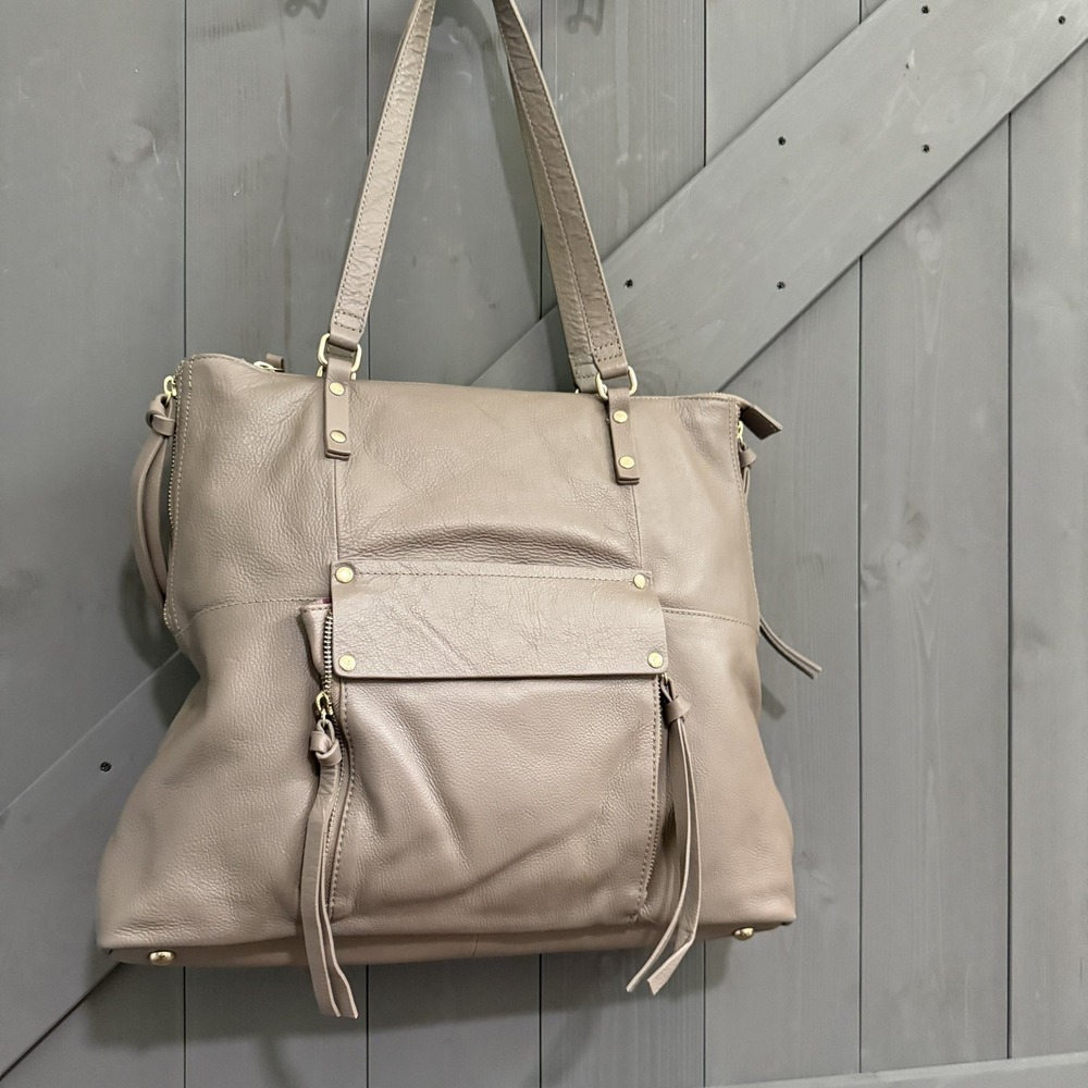 Kooba Everett Taupe Leather Tote Bag Large Double Handle Shoulder Expands EUC